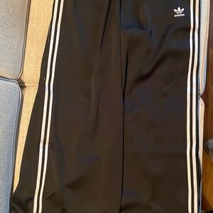 adidas Originals Black Wide Leg Track Pants with White Stripe